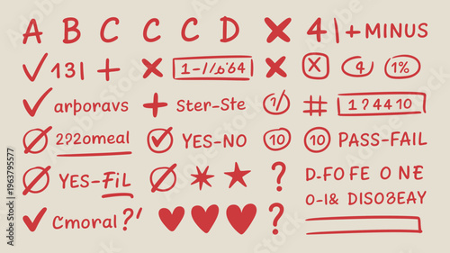 A collection of hand drawn red symbols and text including letters numbers mathematical signs and checkmarks on a beige background high quality professional detailed modern elegant