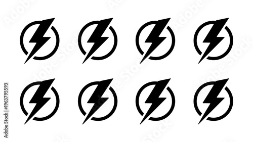 A grid of eight identical black icons depicting stylized lightning bolts enclosed within circular shapes set against a white background high quality professional detailed modern elegant