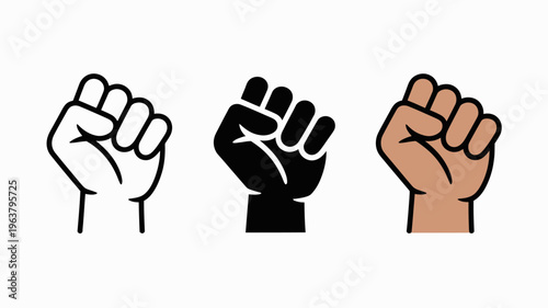 Three illustrations depict a clenched fist in varying styles including line art solid black and a shaded skin tone high quality professional detailed modern elegant stylish
