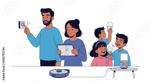 Family holding smart home devices.
