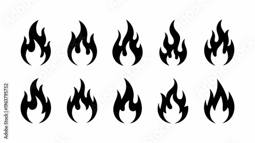 A collection of stylized black flame icons is displayed against a clean white background arranged in a grid like formation high quality professional detailed modern elegant
