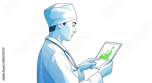 Doctor looking at digital tablet screen.