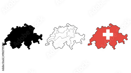 A visual representation displays switzerland s outline in three variations black white and colored with the swiss flag high quality professional detailed modern elegant stylish clean