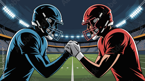 An illustration depicts two american football players facing each other helmets nearly touching in a moment of pre game sportsmanship high quality professional detailed modern elegant
