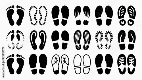 A collection of black footprints and shoe impressions showcases diverse patterns from bare feet to various footwear styles arranged on white high quality professional detailed modern