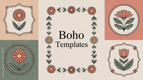 A collage featuring floral frame designs with the word boho centered within a minimalist pastel colored composition high quality professional detailed modern elegant stylish clean crisp