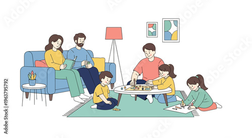 Family playing board game together indoors.