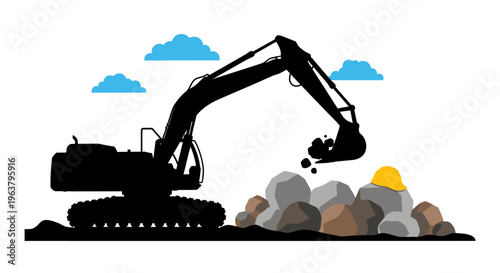 Excavator digging rocks and stones.