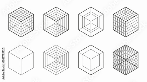 An illustration displays eight geometric cube variations ranging from solid forms to wireframe structures in a minimalist style high quality professional detailed modern elegant stylish clean