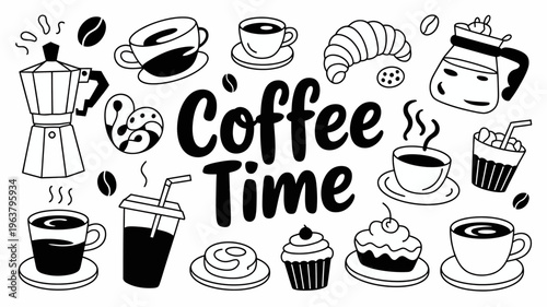 A charming black and white illustration depicts various coffee drinks pastries and related items arranged around the words coffee time high quality professional detailed modern elegant