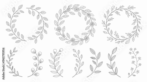 A collection of delicate hand drawn floral wreaths and botanical elements are displayed in black and white creating a decorative design set high quality professional detailed