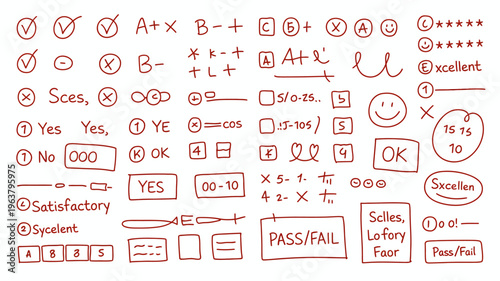 A collection of hand drawn red doodles representing grades assessments positive and negative feedback and various symbols high quality professional detailed modern elegant stylish clean crisp