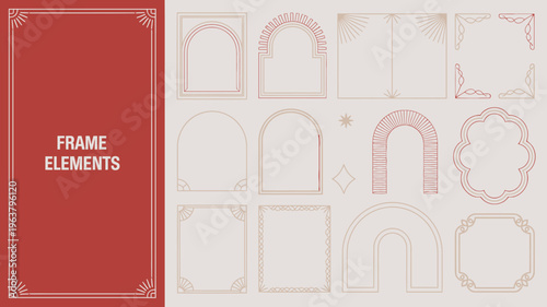 An assortment of decorative frame elements are displayed featuring arched and geometric shapes in a minimalist line art style high quality professional detailed modern elegant stylish