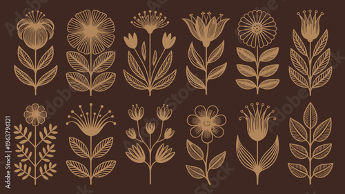 An assortment of stylized floral illustrations are displayed in a warm monochromatic brown palette featuring various botanical shapes high quality professional detailed modern elegant stylish clean
