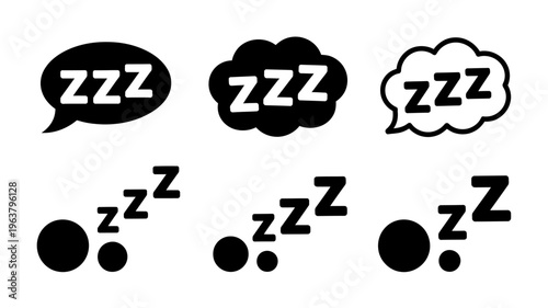 A collection of simple black and white icons depicting sleep showing zzz text and cloud like shapes high quality professional detailed modern elegant stylish clean crisp