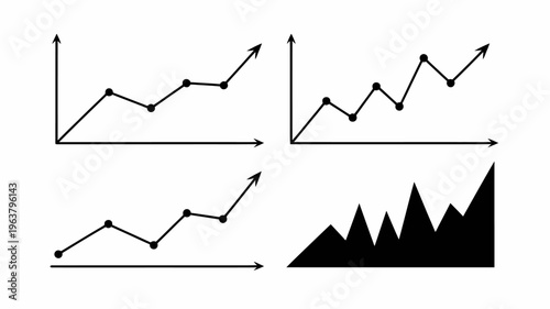 A collection of four black line graphs and a solid black shape visually represent data trends and statistical analysis high quality professional detailed modern elegant stylish