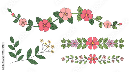 A charming floral arrangement depicts several pink and purple blossoms with lush green leaves on a clean white background high quality professional detailed modern elegant stylish