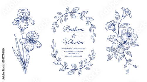 An elegant floral wreath design features irises and delicate vines surrounding the names Barbara Valentine in calligraphy high quality professional detailed modern stylish clean crisp vibrant