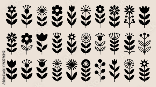 A collection of stylized black floral silhouettes are arranged in neat rows against a pale beige background showcasing diverse botanical forms high quality professional detailed modern