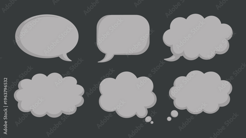 Obraz premium A grayscale image displays six different speech bubbles and thought bubbles varying in shape and style on a dark background high quality professional detailed modern elegant