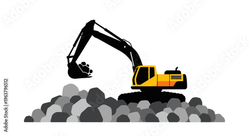Yellow excavator digging into rocks.