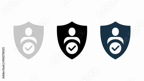 A series of three shield icons each containing a profile of a person s head and a checkmark high quality professional detailed modern elegant stylish clean