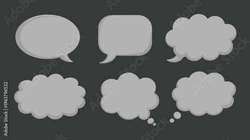 A grayscale image displays six different speech bubbles and thought bubbles varying in shape and style on a dark background high quality professional detailed modern elegant