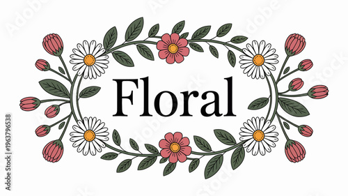A decorative floral wreath surrounds the word floral featuring red and white blossoms with green foliage high quality professional detailed modern elegant stylish clean crisp vibrant