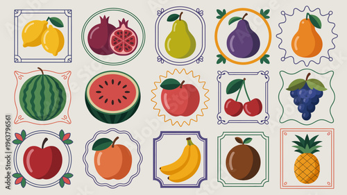 A colorful illustration displays a variety of fruits including lemons pomegranates pears plums and watermelon arranged in decorative frames high quality professional detailed modern elegant stylish