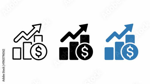 A set of three icons depicting financial growth with upward trending graphs and dollar signs shown in varying styles high quality professional detailed modern elegant stylish