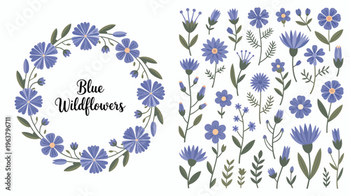 A colorful illustration displays a wreath and scattered arrangements of blue wildflowers featuring delicate petals and verdant leaves high quality professional detailed modern elegant stylish clean