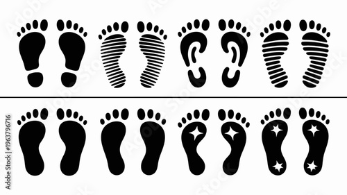 A black and white illustration depicts various stylized footprints arranged in two rows showcasing different sole patterns and designs high quality professional detailed modern elegant stylish