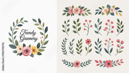 A collection of watercolor floral arrangements and leafy wreaths are showcased featuring roses peonies and various botanical elements high quality professional detailed modern elegant stylish clean