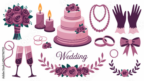 A decorative wedding scene showcases a pink cake rose bouquets champagne flutes and jewelry symbolizing celebration and romance high quality professional detailed modern elegant stylish clean