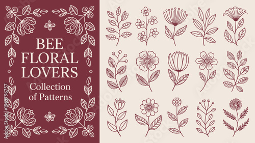 A collection of delicate floral illustrations and botanical elements framed with leafy branches accompanied by text reading bee floral lovers high quality professional detailed modern elegant