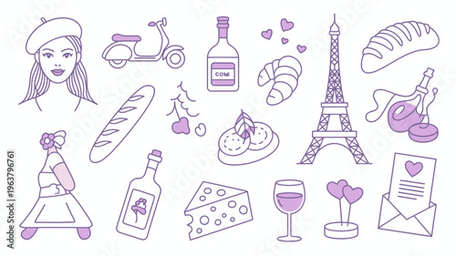A charming collection of illustrated parisian elements including a beret eiffel tower food and romantic motifs in a purple hue high quality professional detailed modern elegant