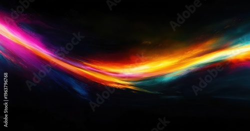 vibrant sweeping ribbon of pink, orange, yellow and teal light across a deep black background evoking dynamic energy and motion