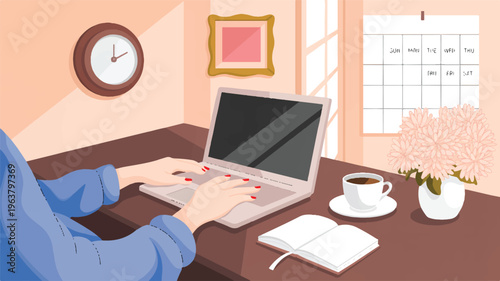 Home Office Harmony: A serene home office setup features a person working diligently at a laptop. The scene includes a calendar, flowers, and a coffee cup, creating a cozy and productive atmosphere.