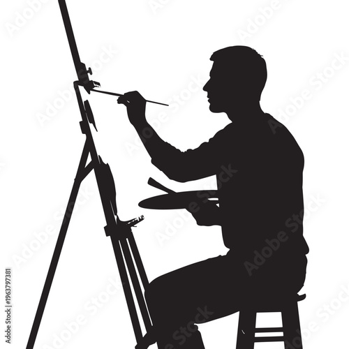 Silhouette of man painting on easel in dark monochrome with soft natural lighting for art and creative business Transparent Background