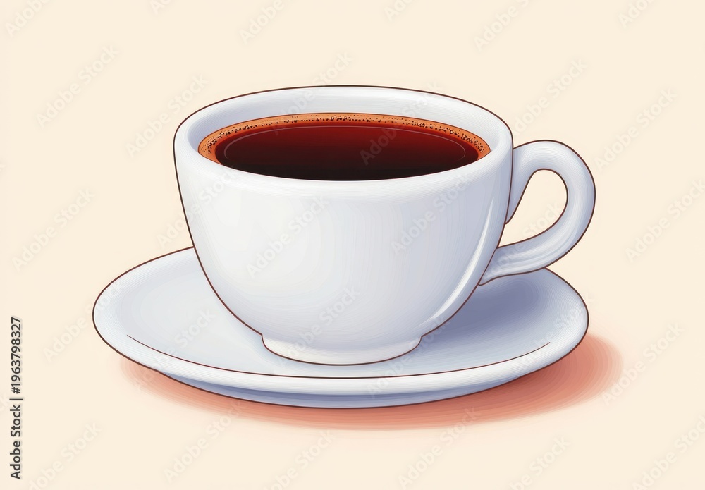 Obraz premium White ceramic cup and saucer filled with black coffee on a pale neutral background, simple inviting still life conveying warmth, calm and cozy morning comfort