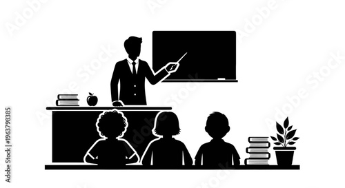 Teacher standing at desk educating students.