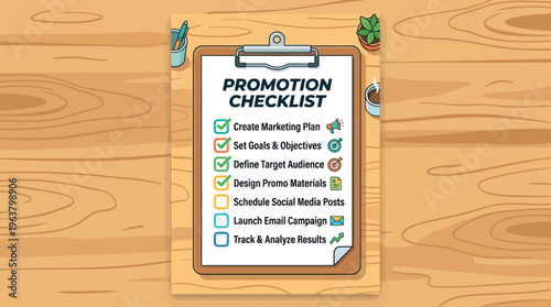 Promotion Checklist on Wooden Background