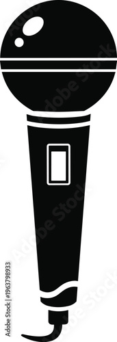 Flat vector microphone icon illustration, black and white audio device design, music recording artwork, singing performance symbol, communication speech concept tool