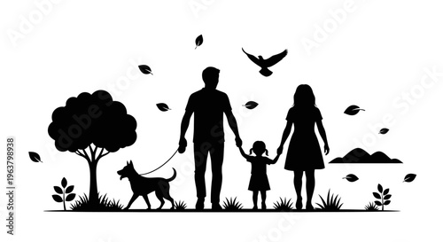 Silhouette of family with dog walking.