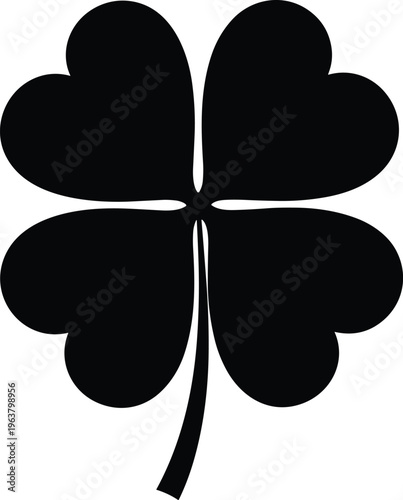 Flat vector four leaf clover illustration, black silhouette lucky symbol design, nature artwork concept, prosperity fortune icon, positive decorative element graphic