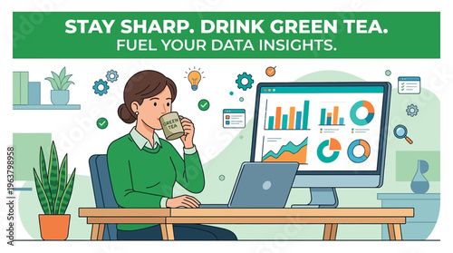 Businesswoman Drinking Tea and Analyzing Data on a Computer