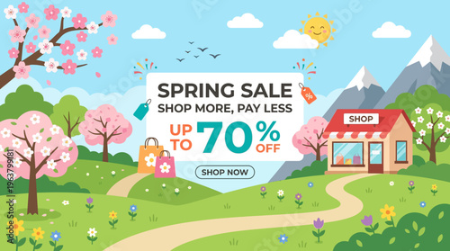 Spring Sale Banner with Floral Landscape and Shop