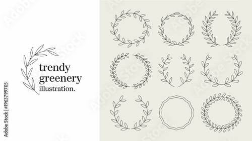 A collection of delicate hand drawn wreaths and foliage illustrations displayed in minimalist black lines on a neutral background high quality professional detailed modern elegant stylish