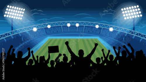 A vibrant stadium illustration depicts a nighttime sporting event with cheering silhouetted fans and bright floodlights illuminating the field high quality professional detailed modern elegant stylish