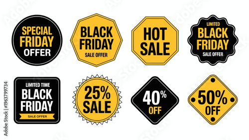 A collection of vibrant black friday sale badges and labels in various shapes and colors promoting discounts and special offers high quality professional detailed modern elegant